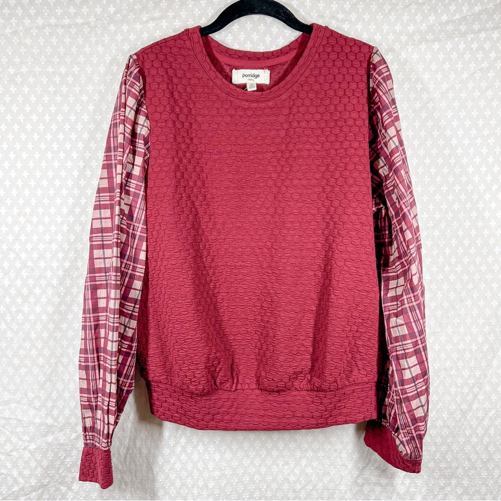 Anthropologie Porridge NWT Maroon Red Textured Plaid Puff Sleeve Top